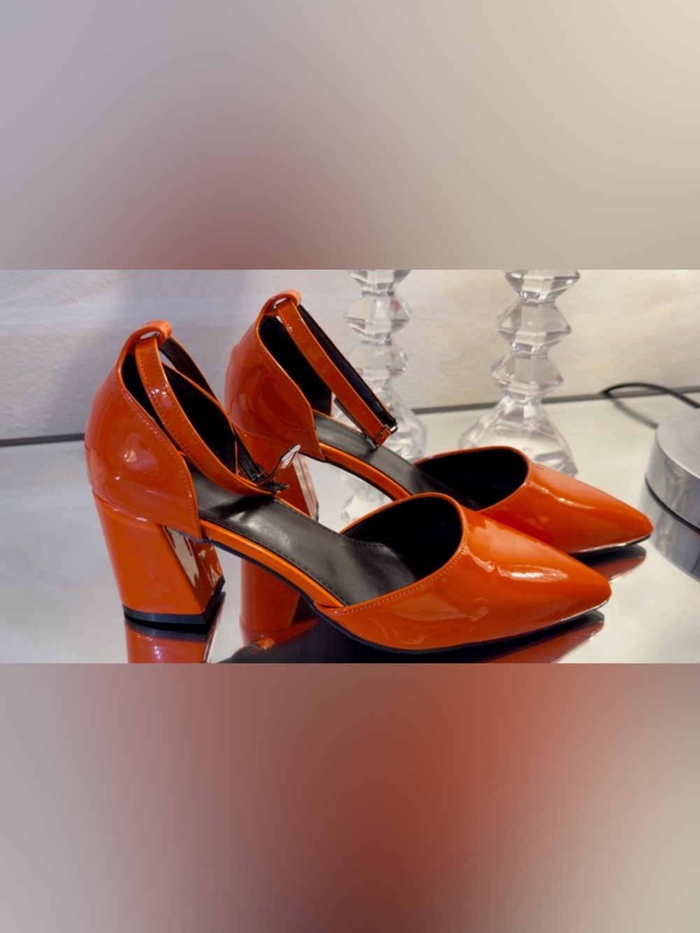 Patent Orange Block-Heel D'Orsay Pumps
